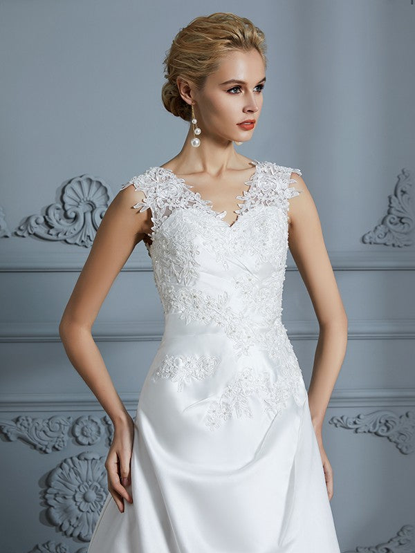 A-Line/Princess V-neck Sweep/Brush Train Sleeveless Applique Satin Wedding Dresses HEP0006626