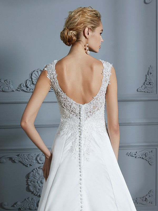 A-Line/Princess V-neck Sweep/Brush Train Sleeveless Applique Satin Wedding Dresses HEP0006626