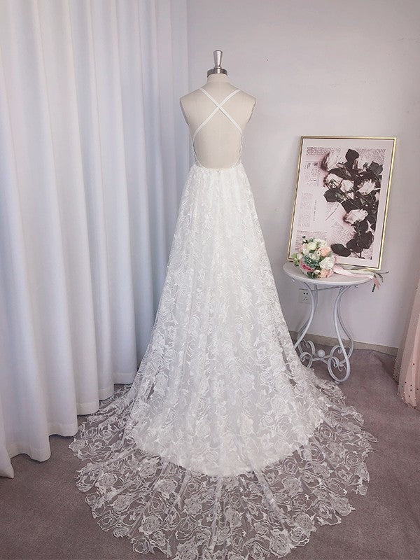 A-Line/Princess Lace Applique V-neck Sleeveless Sweep/Brush Train Wedding Dresses HEP0006060